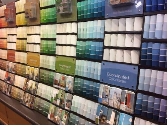 Wall of paint chips at store