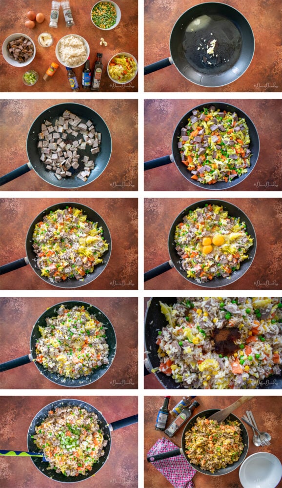 process shots for egg fried rice with beef.