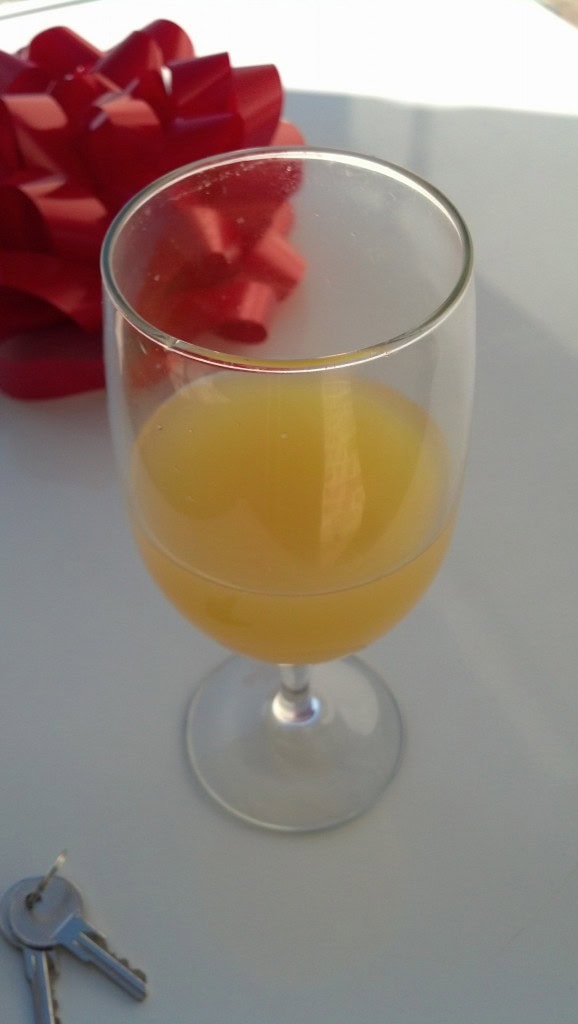 we were having mimosas with Christmas breakfast, except me, I had fauxmosas! (sparkling cider and OJ, it's actually pretty good!)