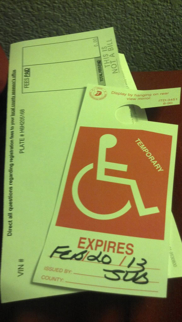 I am officially handicap... This tag helps me out SO much though... I have always been irked at how many handicap stalls there are in some places and it makes others part WAY far out... I find now though that it's amazing how often all those spots are filled... I will never complain about that again. 