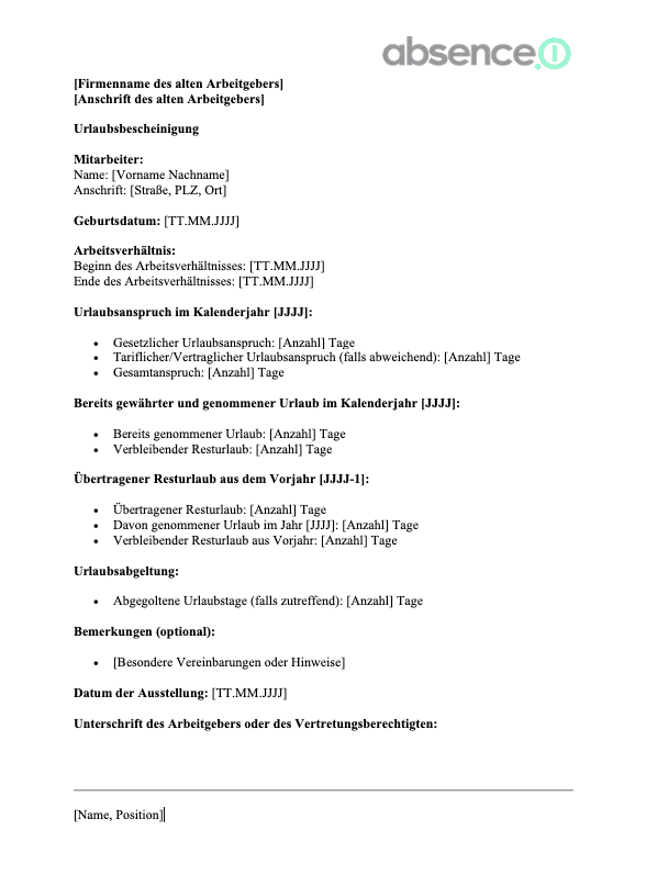 Das Bild zeigt die Mustervorlage für eine Urlaubsbescheinigung als Word Dokument von absence.io