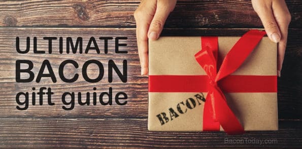 Ultimate bacon gift guide with the word bacon stenciled on a holiday gift box