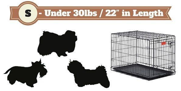 Small size dog crate next to 3 silhouetted small dogs on white bg