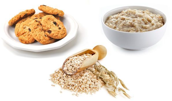 Oatmeal, biscuits and porridge arranged on a white background