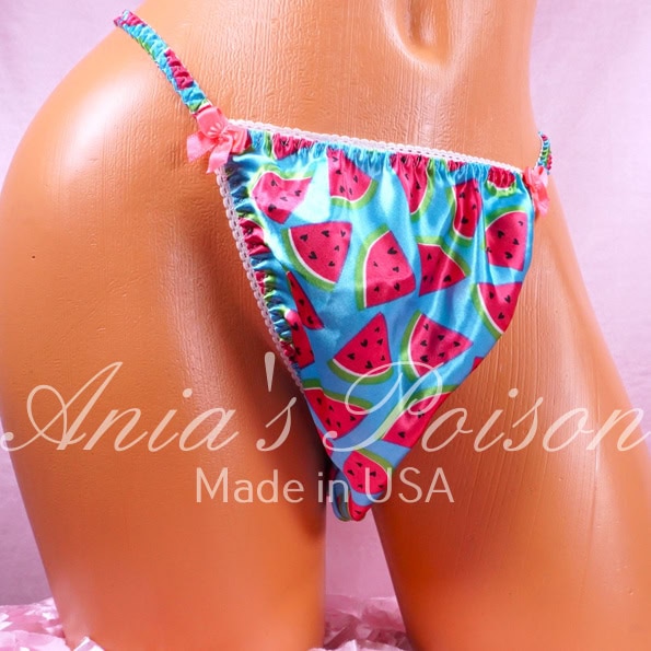 Ania's Sissy Satin string Bikini Watermelon Print Blue shiny men's Poison Cut panties sz S - Image 2