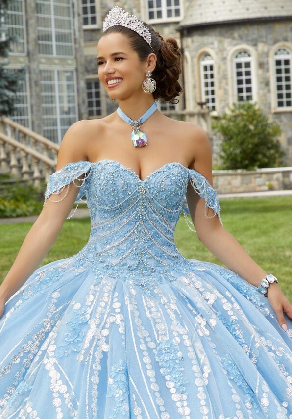 Style 34083 | Patterned Glitter Quinceañera Dress with Chandelier Beading - Image 2