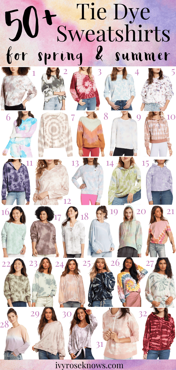 Tie dye sweatshirts from Nordstrom, Lulus, Old Navy, American Eagle, and Target.