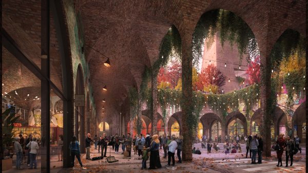 the pool project CGI showing the arches with green plants draping over the balconies there is a central walk way of arches some people are busking playing violins a crowd of people is watching to the left a beatles mural on on the wall to the right other people are walking under the arches and sitting on the central courtyard steps