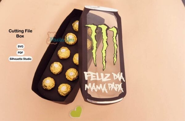 Archivo digital para recortar y armar caja en forma de Monter bebida con soporte de chocolates