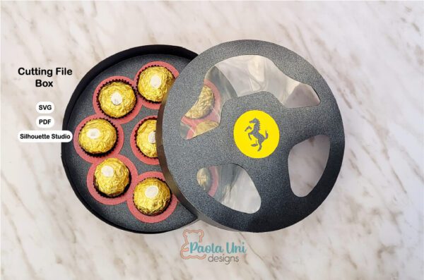 VOLANTE 1 Archivo digital caja en forma de volante con soporte de chocolates incluye logos