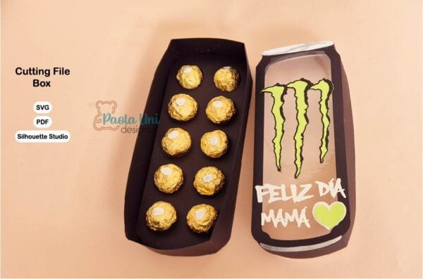 Archivo digital para recortar y armar caja en forma de Monter bebida con soporte de chocolates