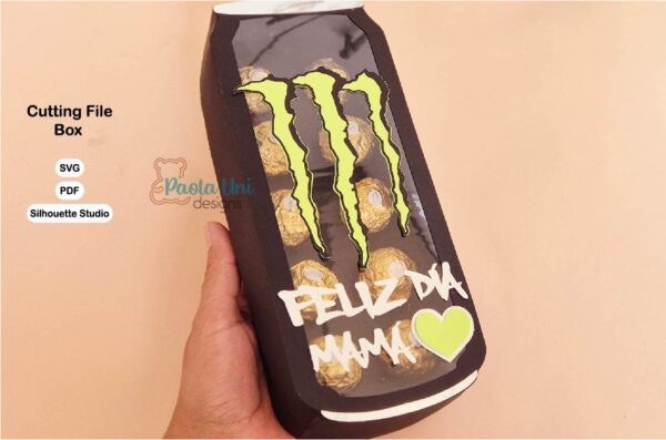 Archivo digital para recortar y armar caja en forma de Monter bebida con soporte de chocolates