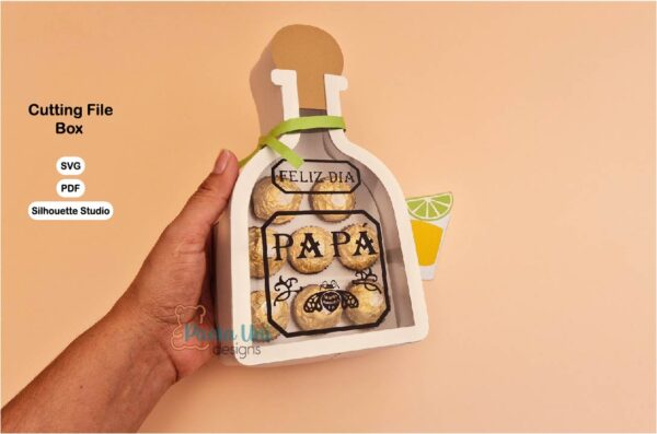Archivo digital para recortar y armar caja en forma de botella de tequila con soporte de chocolates, incluye letras