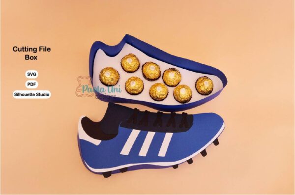 Archivo digitall para recortar y armar caja en forma de zapato de futbol con soporte de chocolates