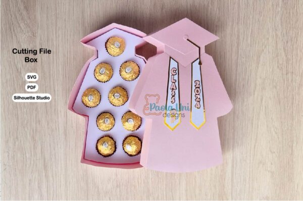 Archivo para recortar y armar caja en forma de traje de graduacion, toga con soporte de chocolate