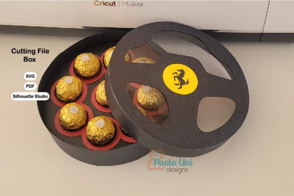 VOLANTE 3 Archivo digital caja en forma de volante con soporte de chocolates incluye logos