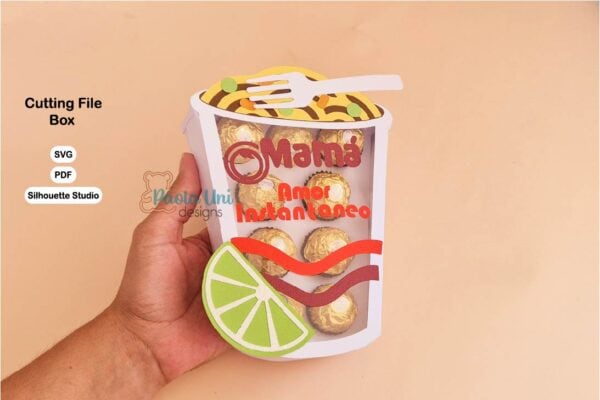 Archivo digital para recortar y armar caja en forma de sopa con soporte de chocolates