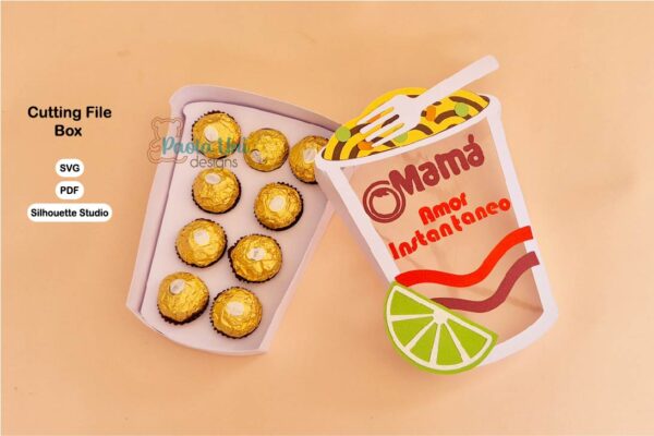 Archivo digital para recortar y armar caja en forma de sopa con soporte de chocolates