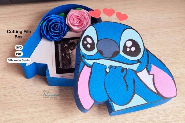 Archivo para recortar con cricut, tijera, cameo u otros plotter y armar caja en forma de stitch San Valentin