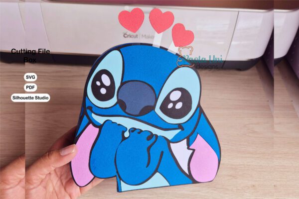 Archivo para recortar con cricut, tijera, cameo u otros plotter y armar caja en forma de stitch San Valentin