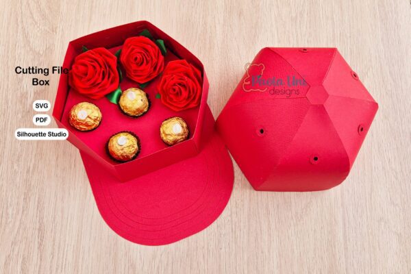 1 Archivo para recortar y armar caja en forma de gorra con soporte de chocolates SVG, studio Pdf