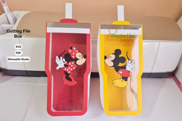 Archivo para recortar y armar caja en forma de vaso incluye imagenes de personajes en capas