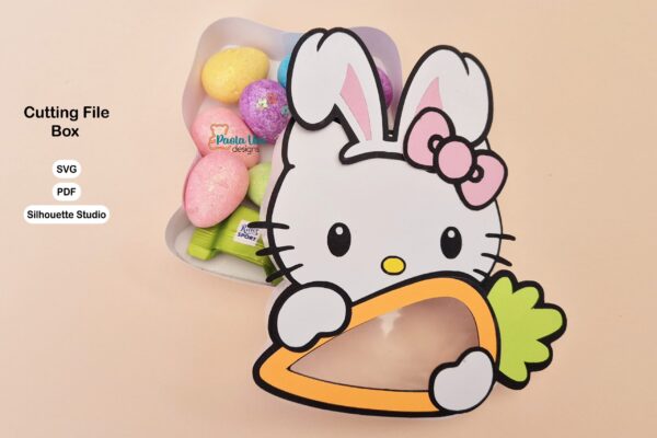 Archivo digital para recortar y armar caja en forma de kitty pascua