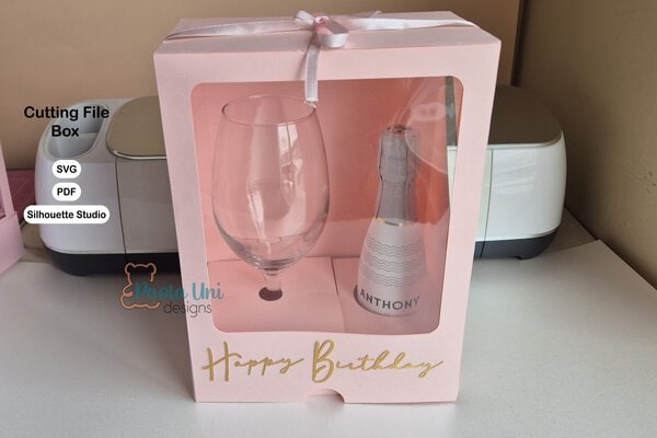 Archivo para recortar y armar caja para copa de vino y botella pequeña, PDF, SVG CRICUT, STUDIO acepto cualquier tarjeta y paypal