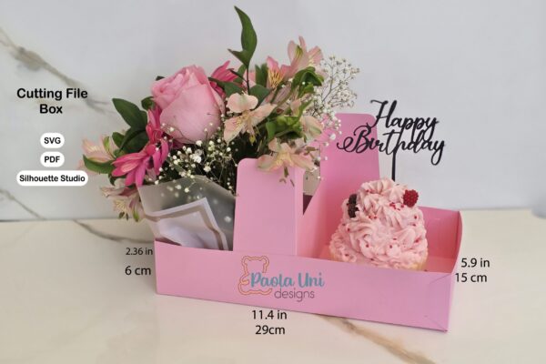 Archivo para recortar y armar caja con cricut, cameo y con impresora en pdf tamaño A3 incluye cake toppers