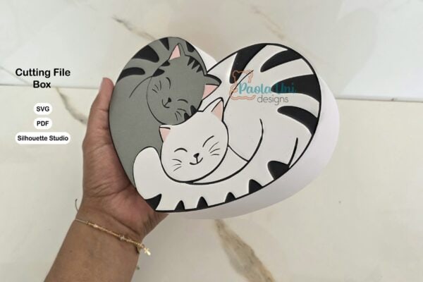 Archivo para recortar y armar caja en forma de corazón con diseño de gatos