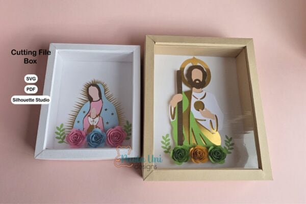 Archivo para recortar y armar shadow box incluye virgen de Guadalupe y san Judas PDF, Studio, SVG