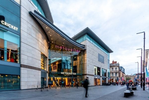 Metquarter shopping Centre exterior image of the main entrance showing full height glass frontage and metquarter signage