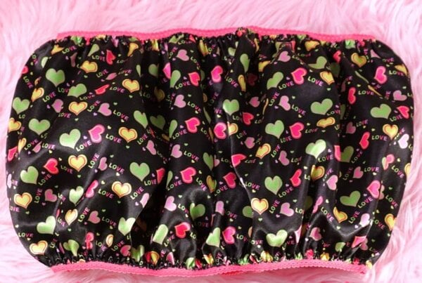 Ania's Sissy SATIN One Size Bandeau Bra Black Neon Heart Print - Image 2
