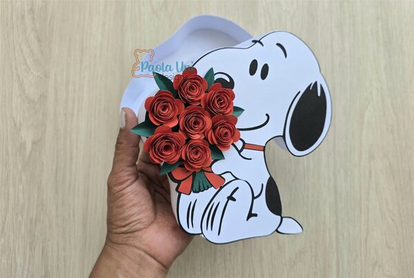 Archivo para recortar y armar caja en forma de snoopy con rosas san valentin
