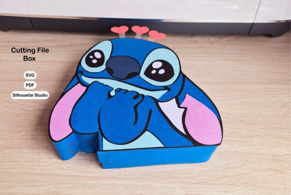 Archivo para recortar con cricut, tijera, cameo u otros plotter y armar caja en forma de stitch San Valentin