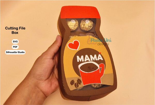222 Archivo digital para recortar y armar caja en forma de café con soporte de chocolates incluye mamá y papá