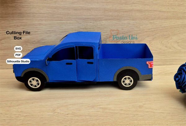 Archivo para recortar y armar caja en forma de camioneta doble cabina, svg, sttudio, pdf