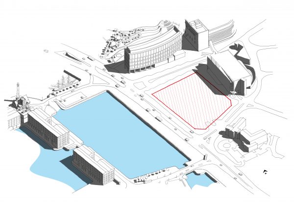 the pool project aerial view diagram showing the red line boundary of the plot