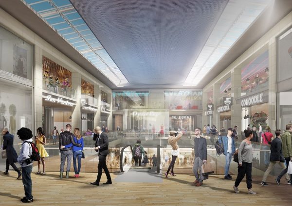 Metquarter shopping Centre CGI image showing proposed look of the interior mall from level 1 with a view towards the everyman cinema and an escaltor going down the ground floor