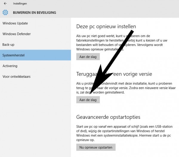 De Windows 10 versie terugdraaien naar een eerdere versie.