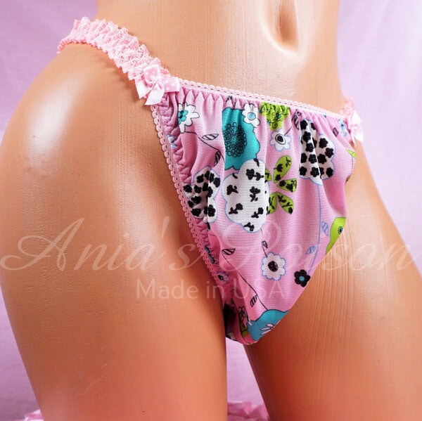 Ania's Sissy Nylon string Bikini Pink Floral Lacy men's Poison Cut panties sz S