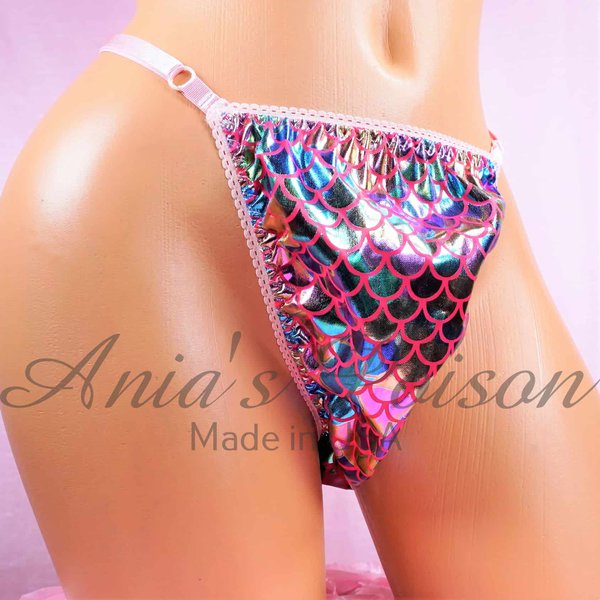 Ania's Sissy rainbow mermaid foil Thong adjustable sides shiny sparkle men's panties One Size