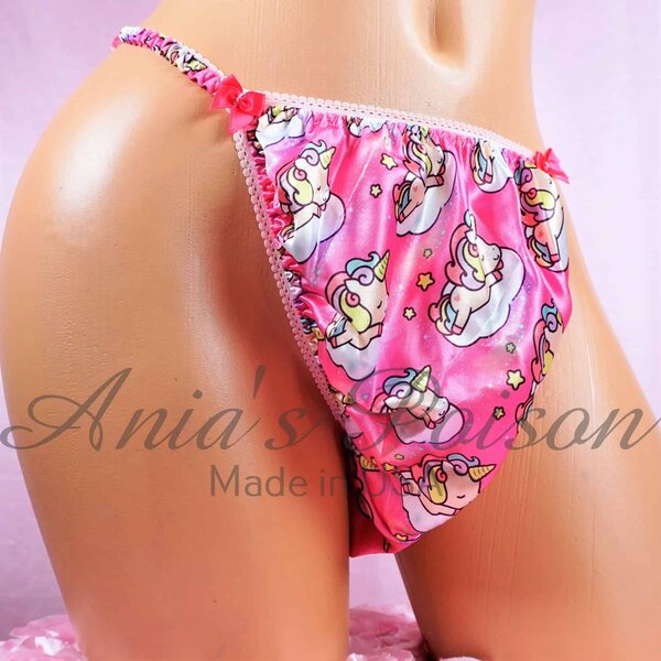 Ania's Sissy Pink Satin string Bikini baby rainbow Unicorn girly print shiny wetlook men's panties sz 2XL - Image 2