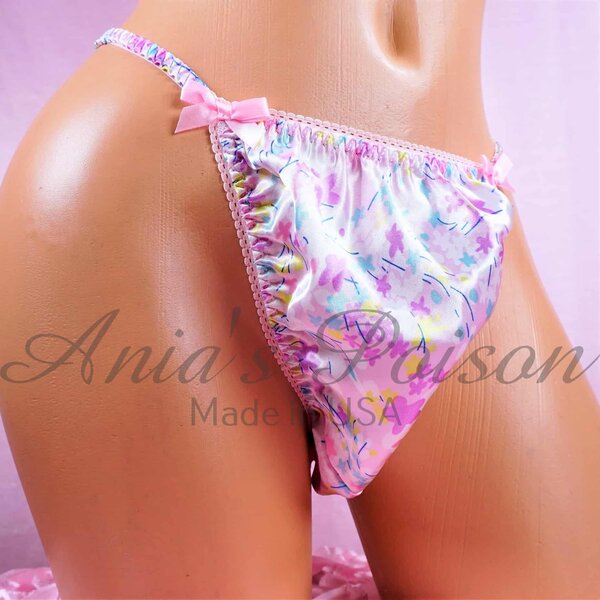 Ania's Sissy Satin string bikini Lilac summer floral shiny wetlook Men's cut panties sz M