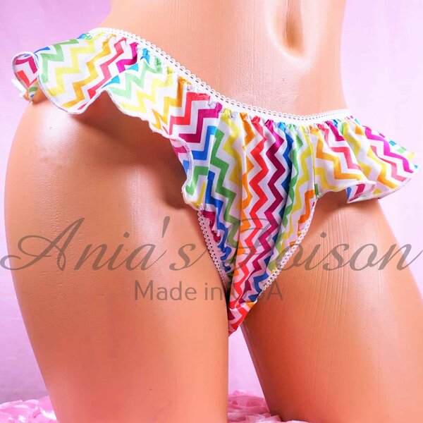 Ania's Sissy Satin flutter side bikini Rainbow Pride Chevron stripe shiny wetlook WOMEN'S cut panties sz L
