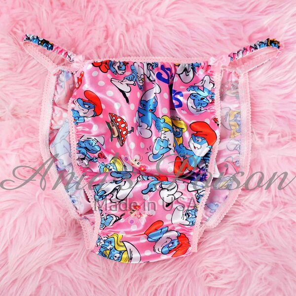 Ania's Sissy Satin string bikini Pink Smurfies print shiny wetlook Men's cut panties sz XL - Image 3