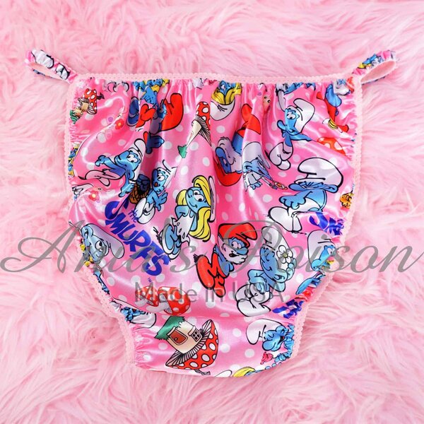 Ania's Sissy Satin string bikini Pink Smurfies print shiny wetlook Men's cut panties sz XL - Image 2