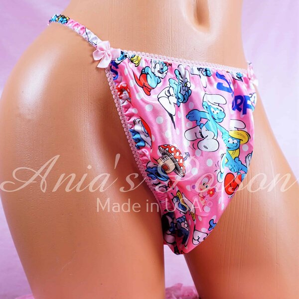 Ania's Sissy Satin string bikini Pink Smurfies print shiny wetlook Men's cut panties sz XL - Image 4