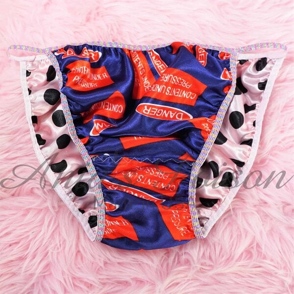 Ania's Sissy fully lined Satin string Bikini novelty print "Contents Under Pressure" shiny wetlook men's panties sz M