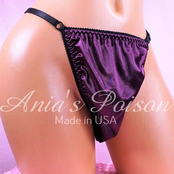 Ania's Sissy Butter Soft Satin Thong adjustable sides Purple shiny men's panties One Size